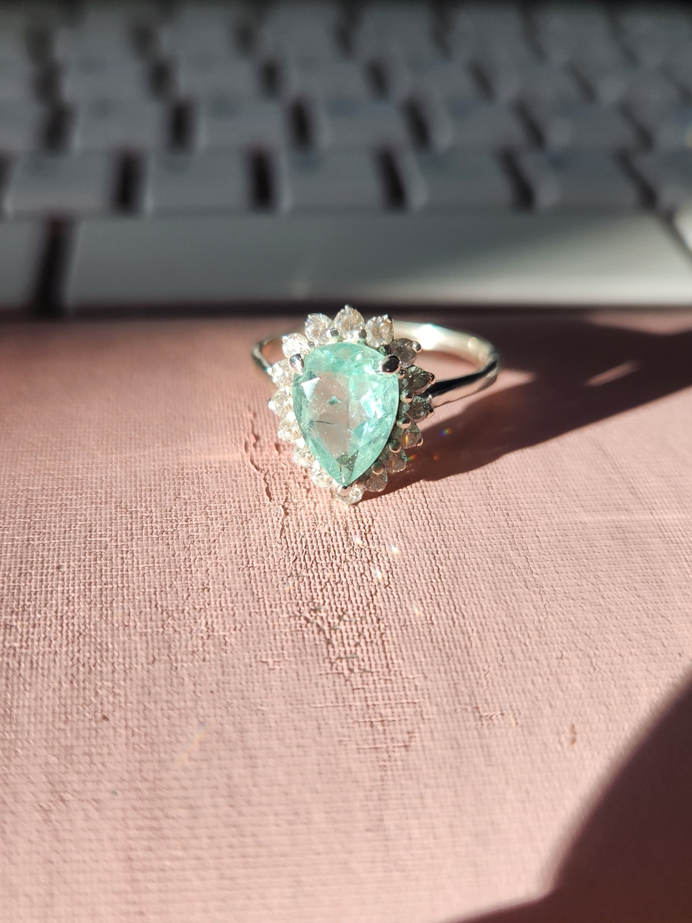 Sterling Silver Teardrop Aquamarine Halo Ring - Aqua